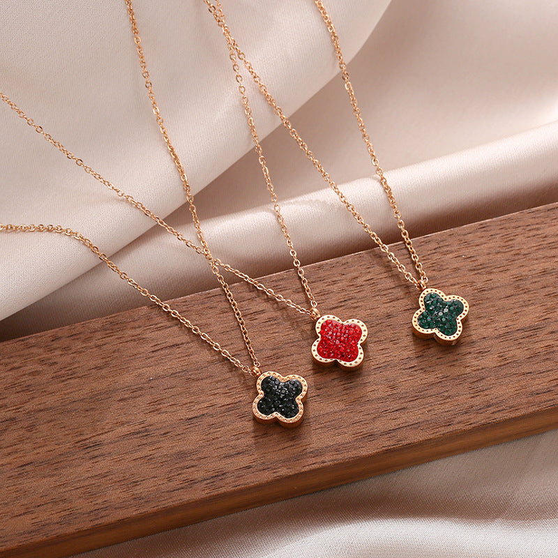 Clover Rhinestone Stainless Steel Necklace N4033