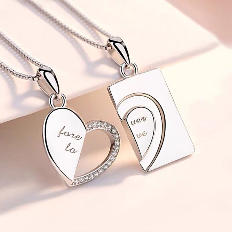 Heart Rhinestone Silver Couple Necklace Set N4193-Set