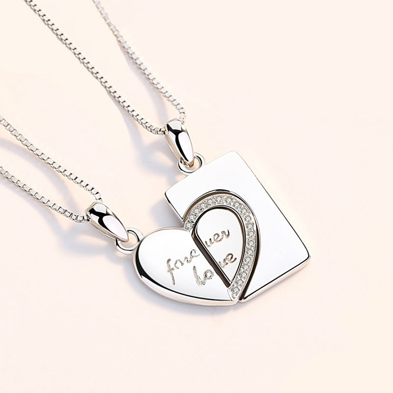 Heart Rhinestone Silver Couple Necklace Set N4193-Set
