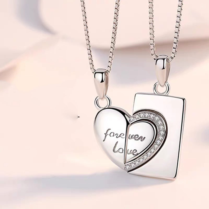 Heart Rhinestone Silver Couple Necklace Set N4193-Set