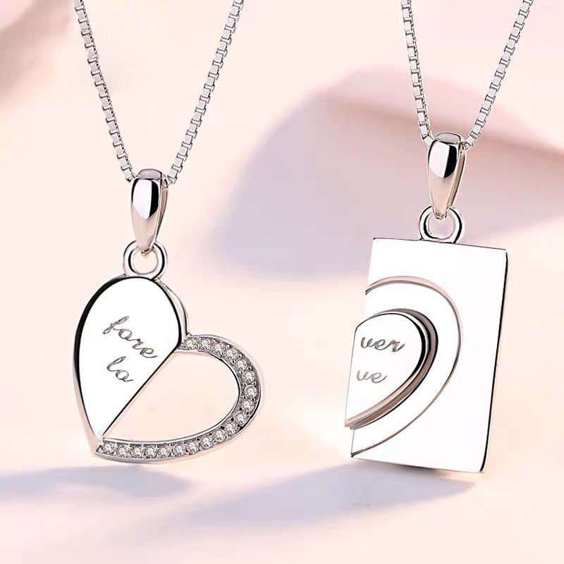 Heart Rhinestone Silver Couple Necklace Set N4193-Set