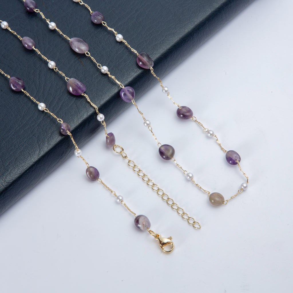 Natural Stone Pearl Chain Necklace N4377-78CM-Amethyst