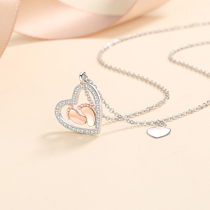 Heart Feet Rhinestone 925 SILVER Necklace N4578