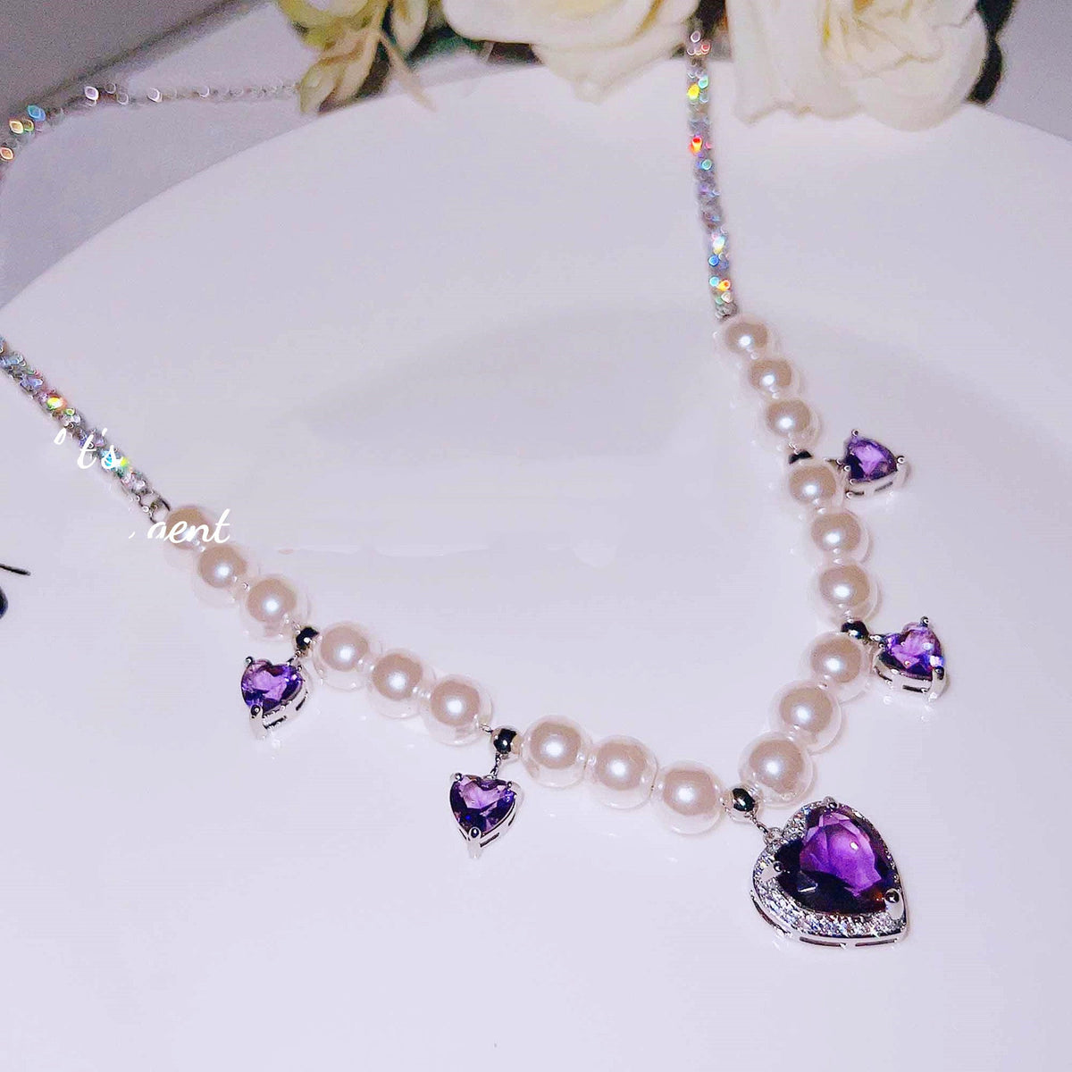 Heart Cubic Zirconia Pearl Bead Necklace N4721