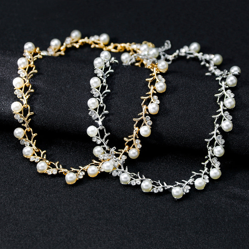 Floral Pearl Rhinestone Earrings Bracelet Necklace Set N4758