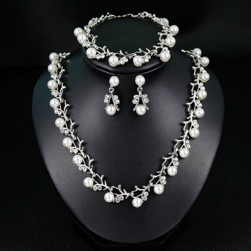 Floral Pearl Rhinestone Earrings Bracelet Necklace Set N4758