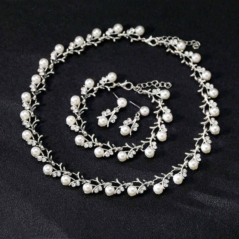 Floral Pearl Rhinestone Earrings Bracelet Necklace Set N4758