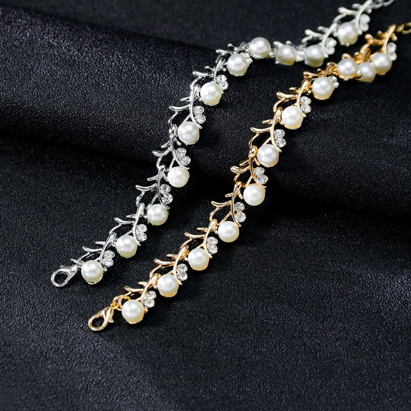 Floral Pearl Rhinestone Earrings Bracelet Necklace Set N4758