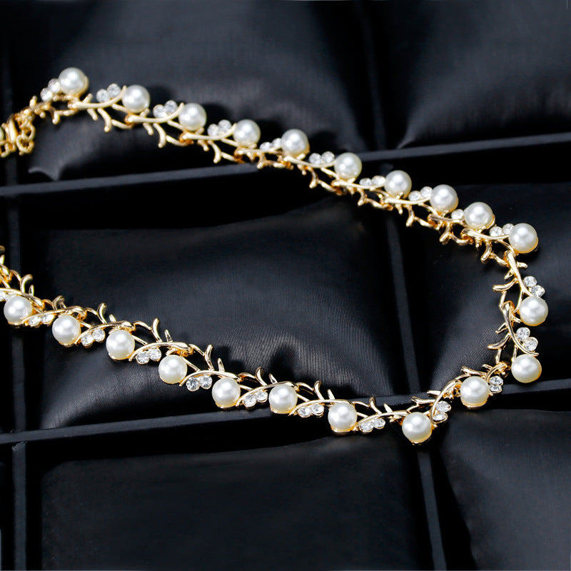 Floral Pearl Rhinestone Earrings Bracelet Necklace Set N4758