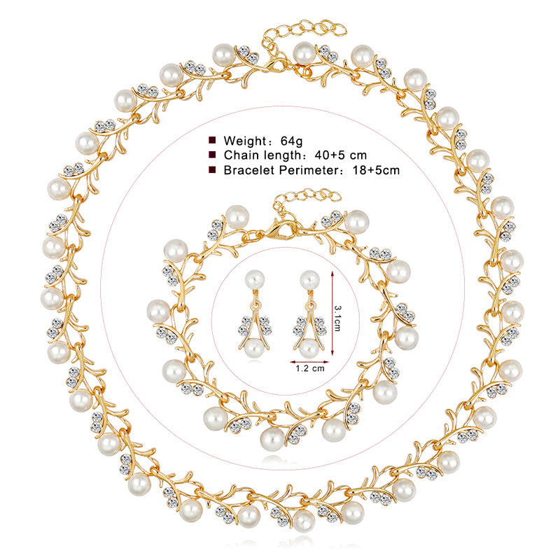 Floral Pearl Rhinestone Earrings Bracelet Necklace Set N4758