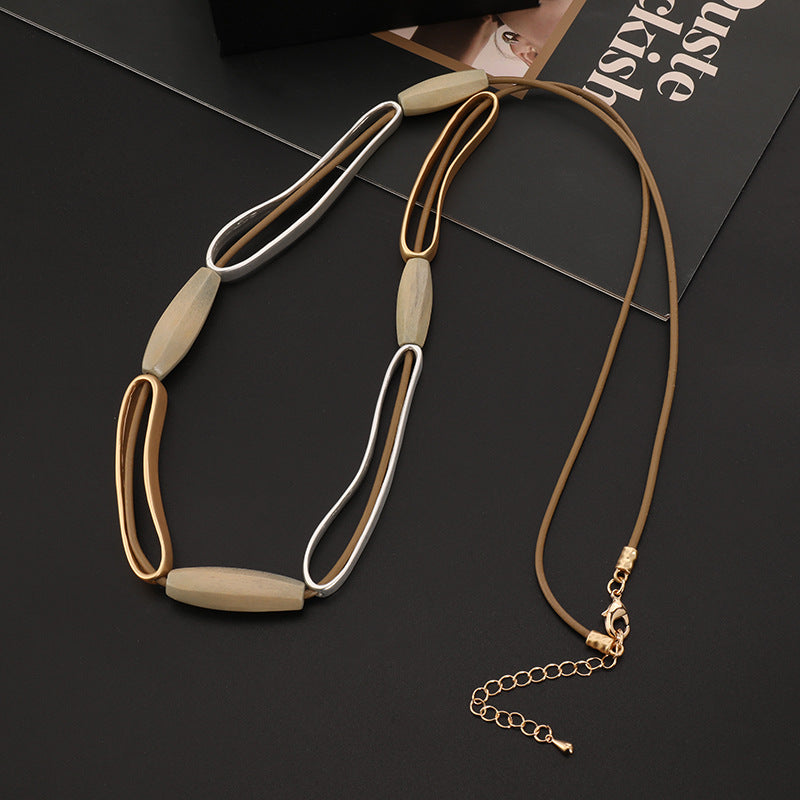 Geometric Wood Alloy Leather Necklace N5070