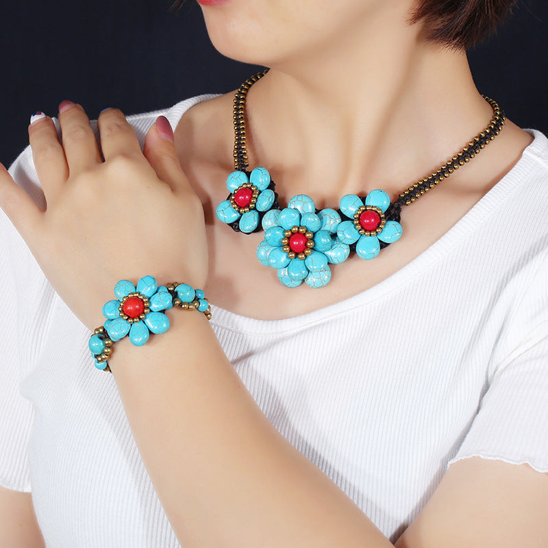 Floral Turquoise Bead Braided Necklace N5128