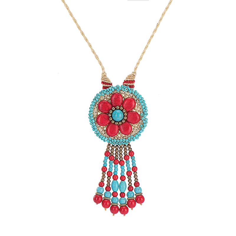 Turquoise Tassel Pendant Wax Thread Necklace N5129