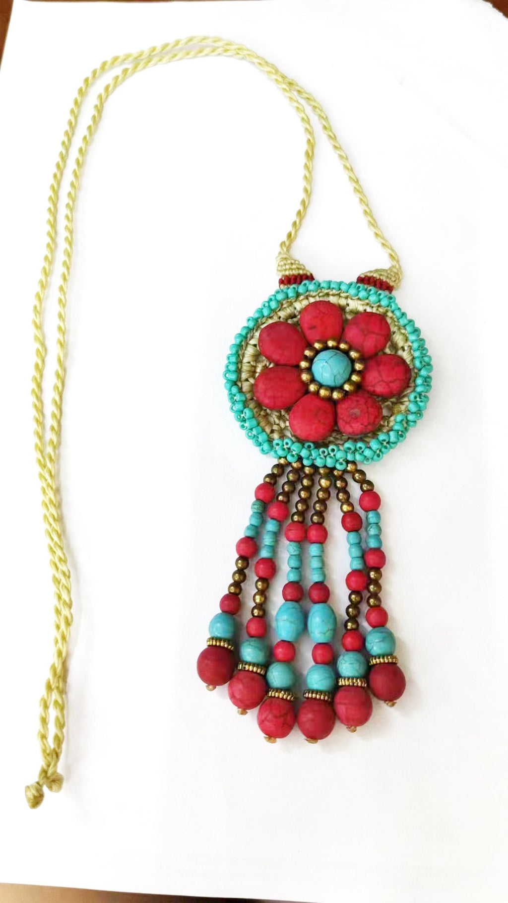 Turquoise Tassel Pendant Wax Thread Necklace N5129