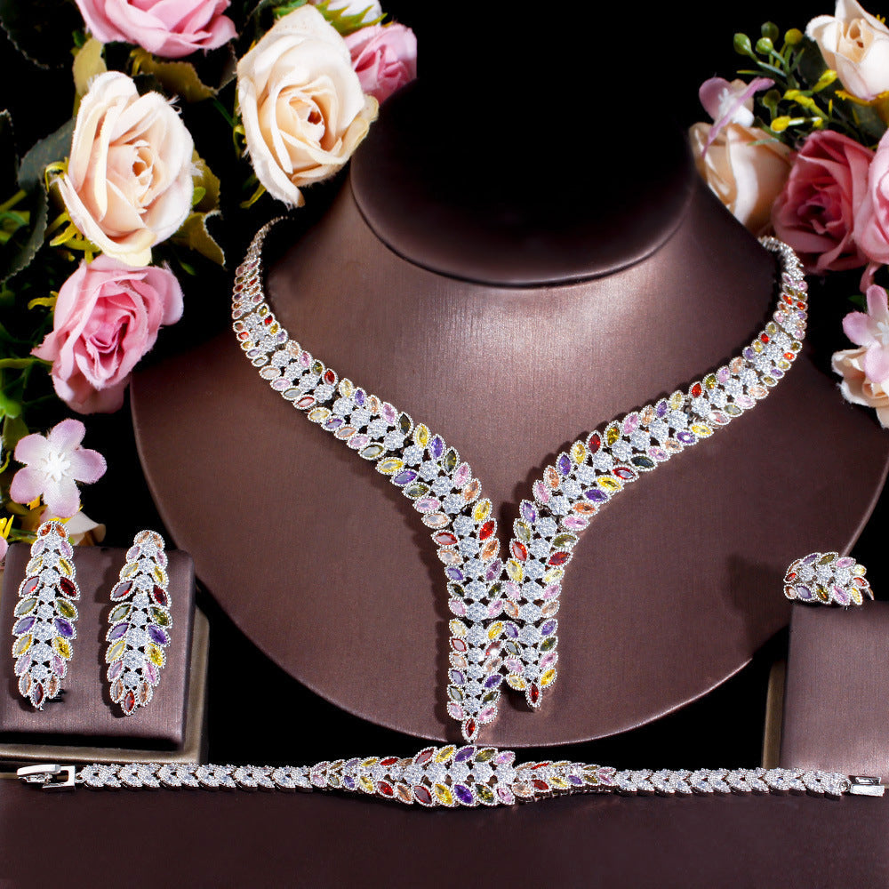 Leaf Cubic Zirconia Necklace Earrings BraceletSet N5146