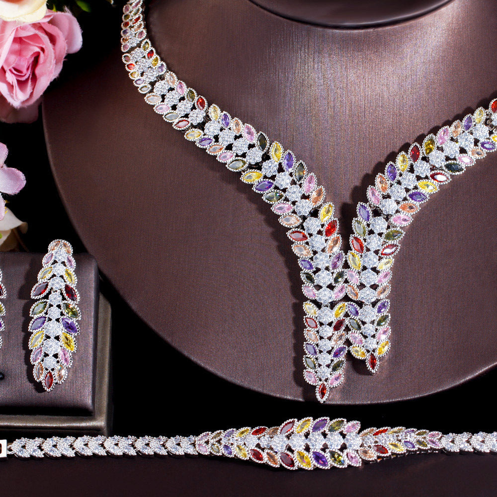 Leaf Cubic Zirconia Necklace Earrings BraceletSet N5146