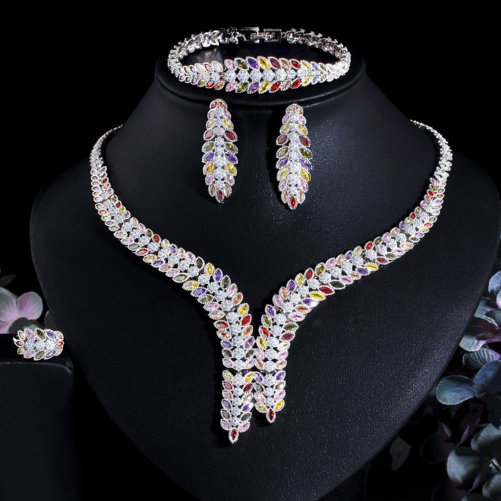 Leaf Cubic Zirconia Necklace Earrings BraceletSet N5146