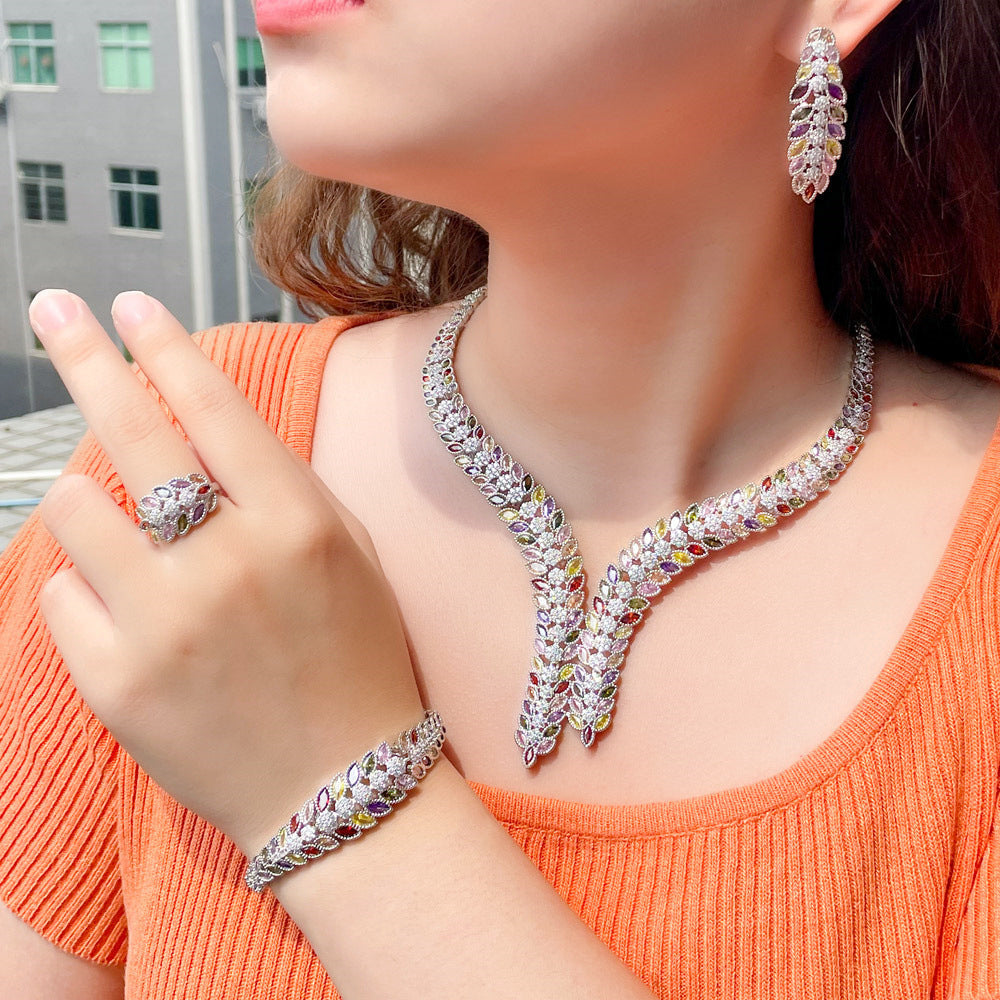 Leaf Cubic Zirconia Necklace Earrings BraceletSet N5146