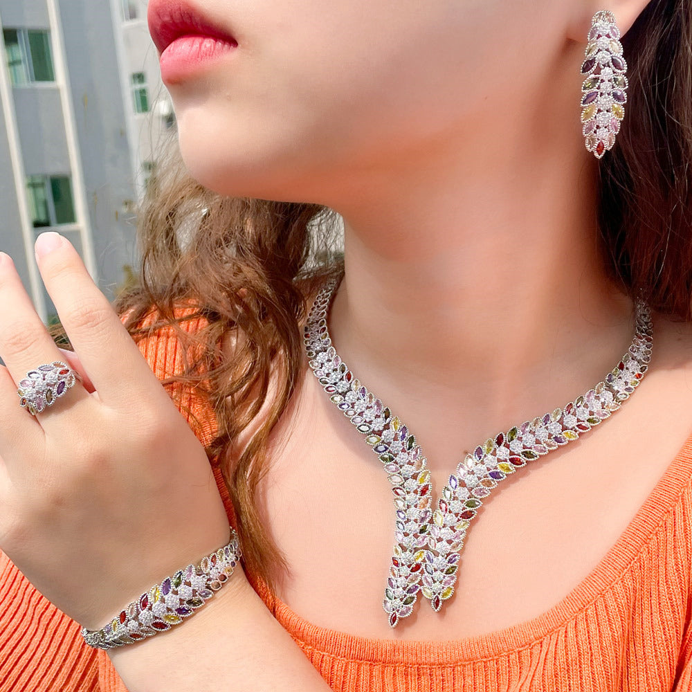 Leaf Cubic Zirconia Necklace Earrings BraceletSet N5146