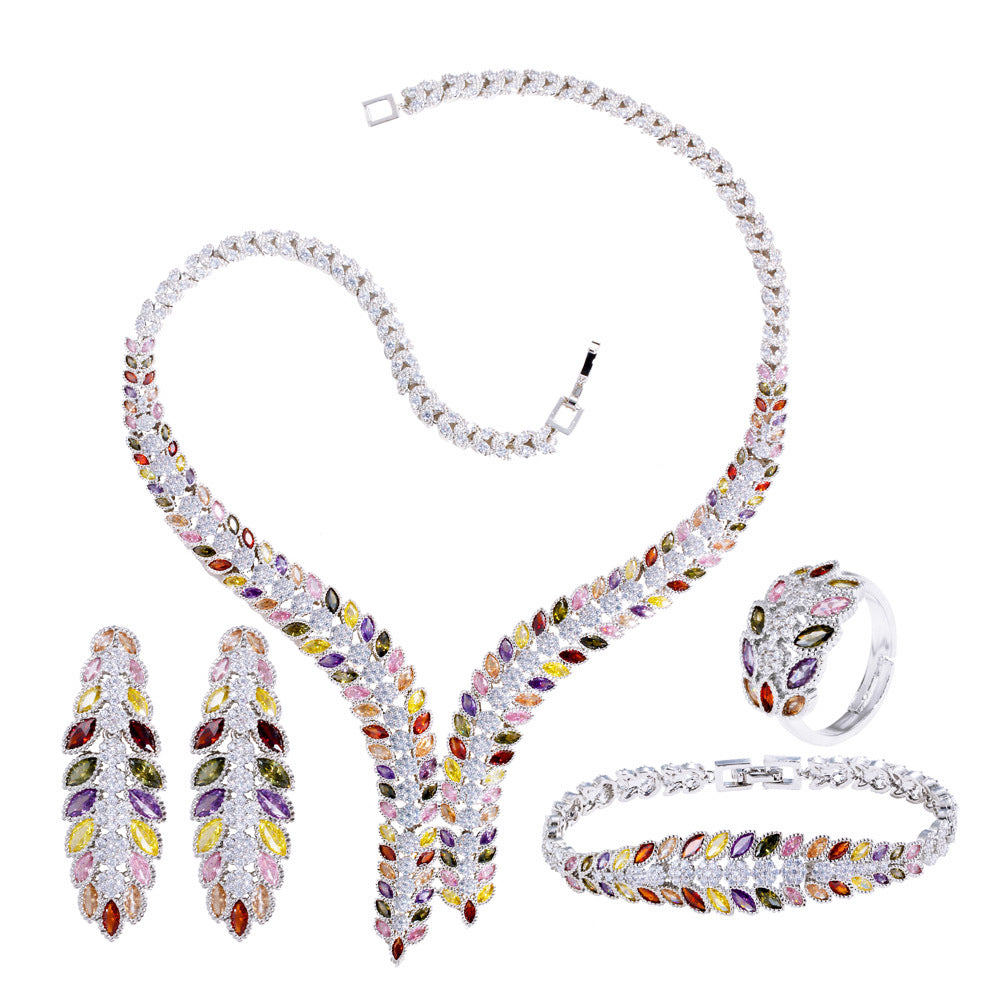 Leaf Cubic Zirconia Necklace Earrings BraceletSet N5146