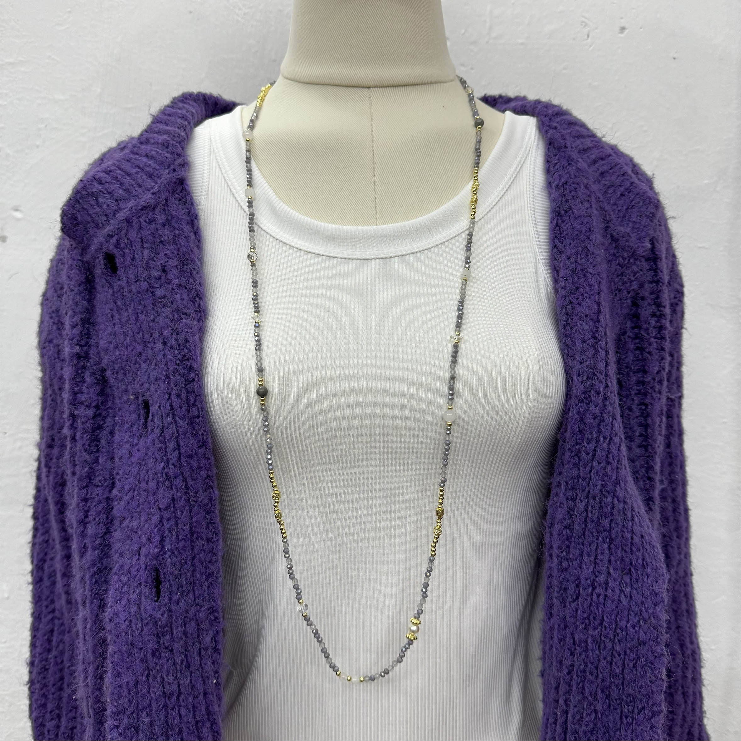 Crystal Labradorite Stone Bead Long Necklace N5348