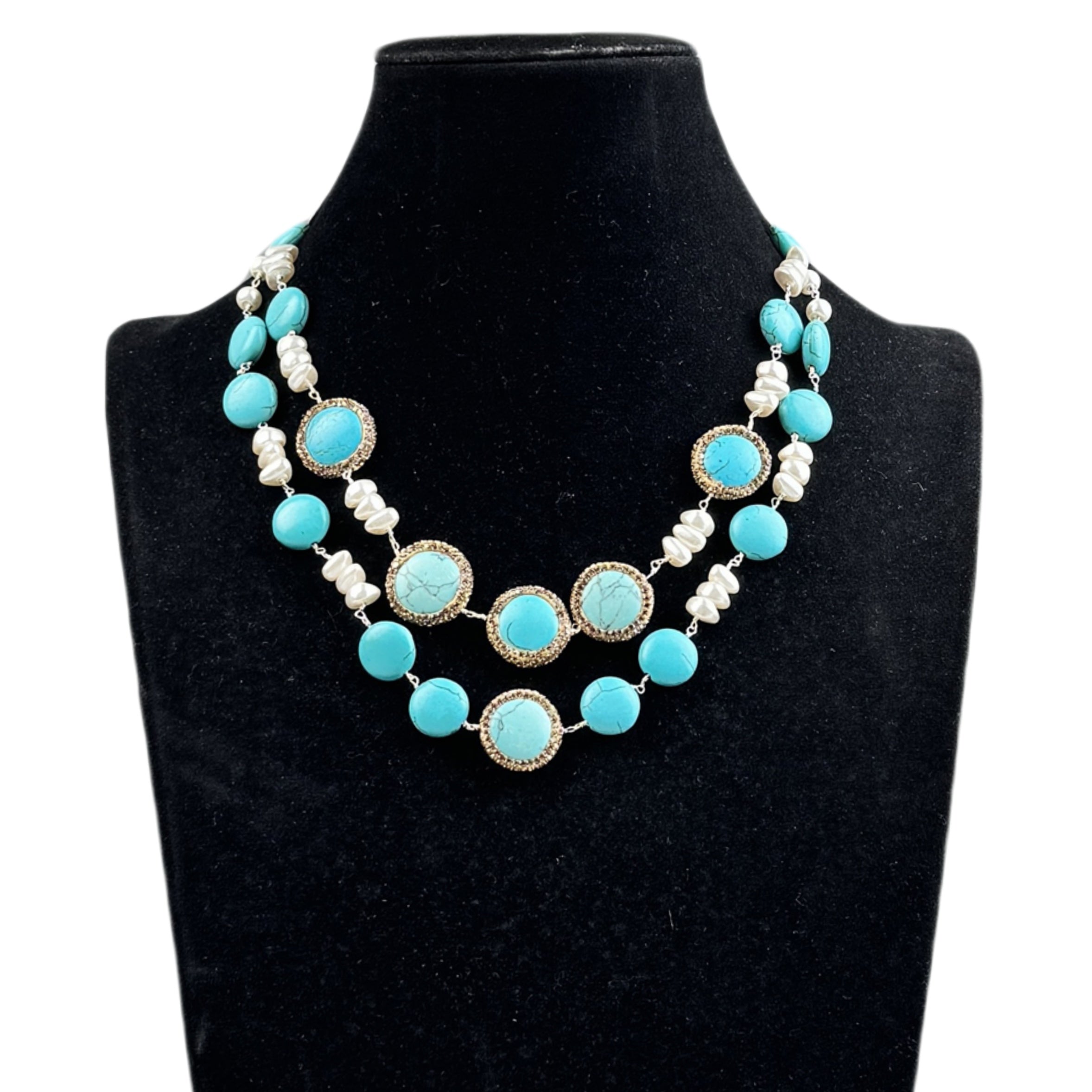 Handmade Turquoise Pearl Beaded Chain Layered Necklace N5390