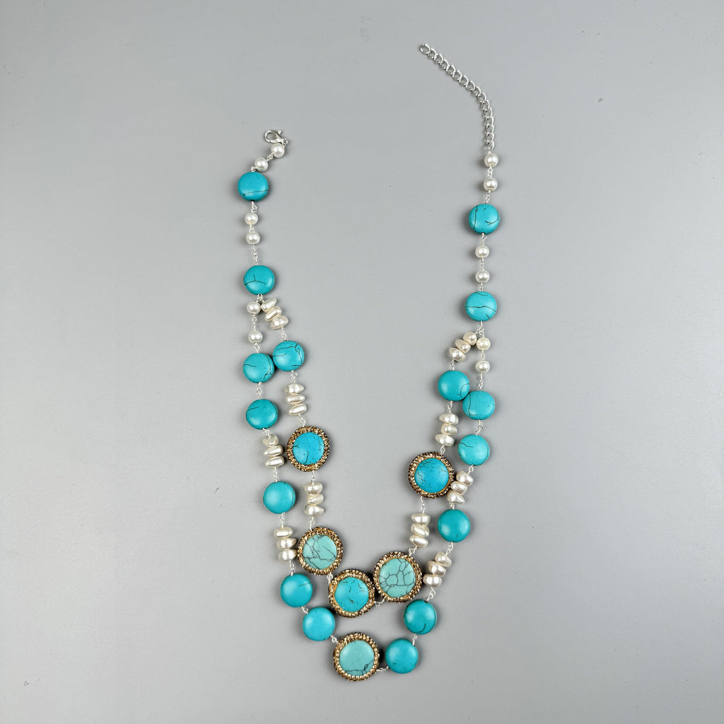 Handmade Turquoise Pearl Beaded Chain Layered Necklace N5390
