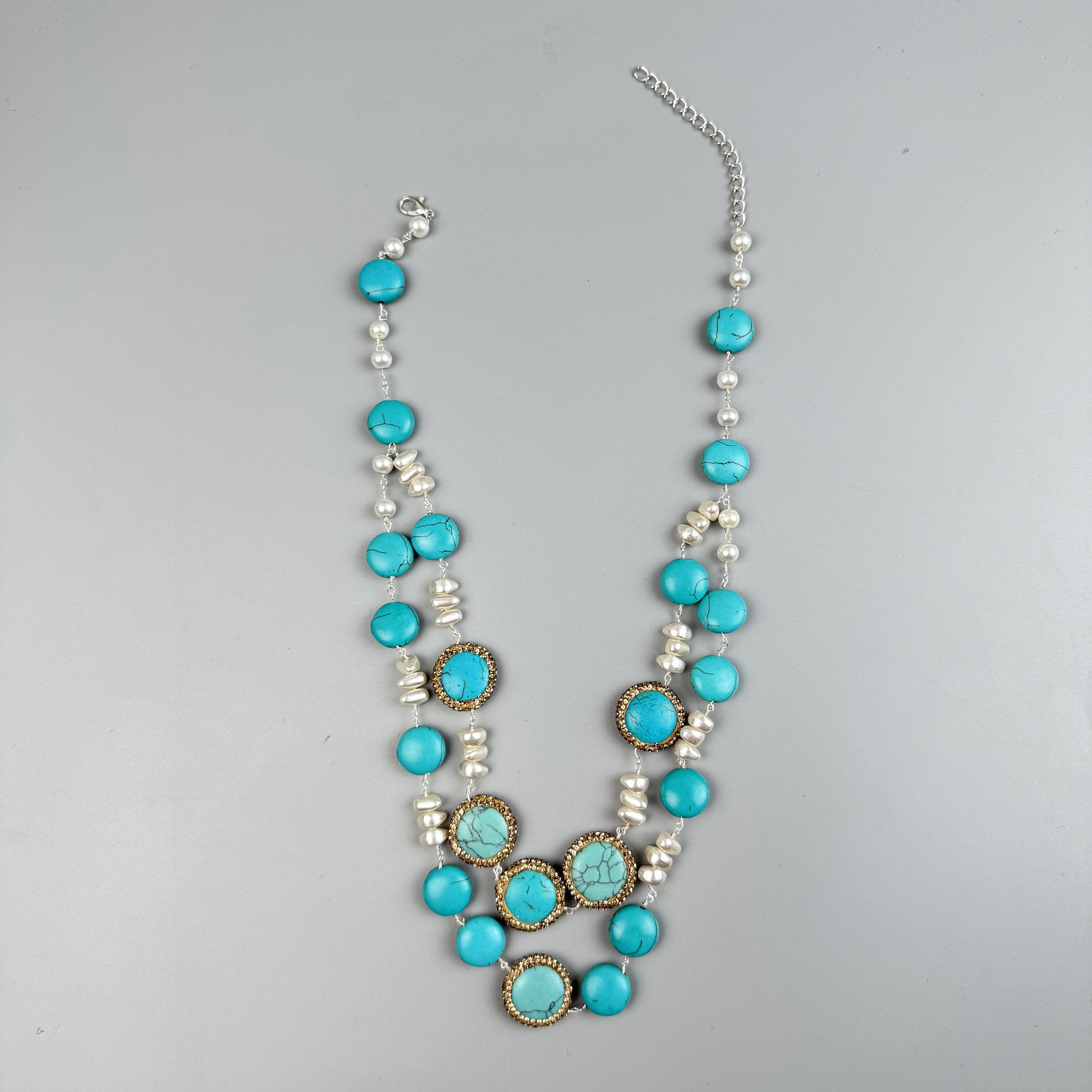 Handmade Turquoise Pearl Beaded Chain Layered Necklace N5390