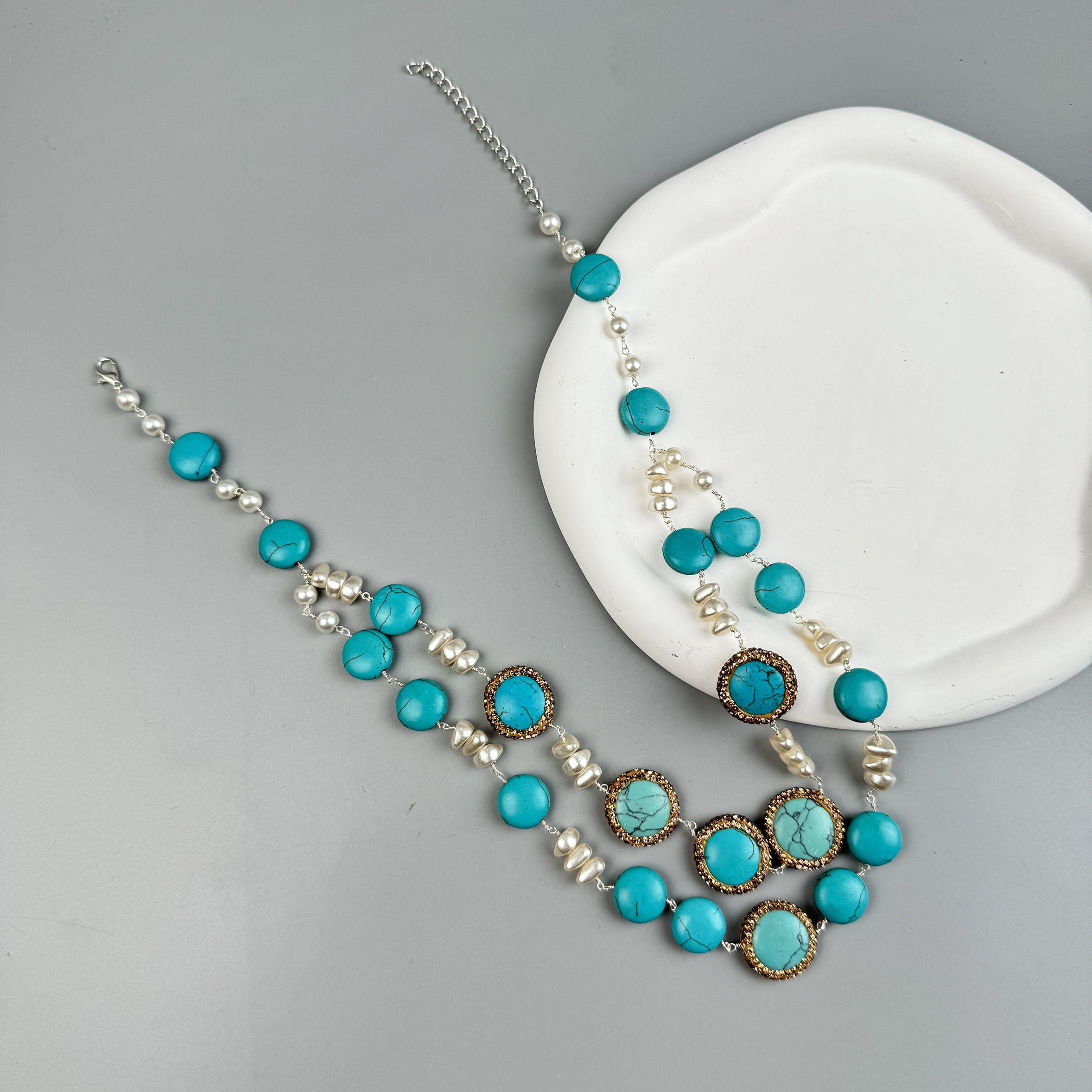 Handmade Turquoise Pearl Beaded Chain Layered Necklace N5390