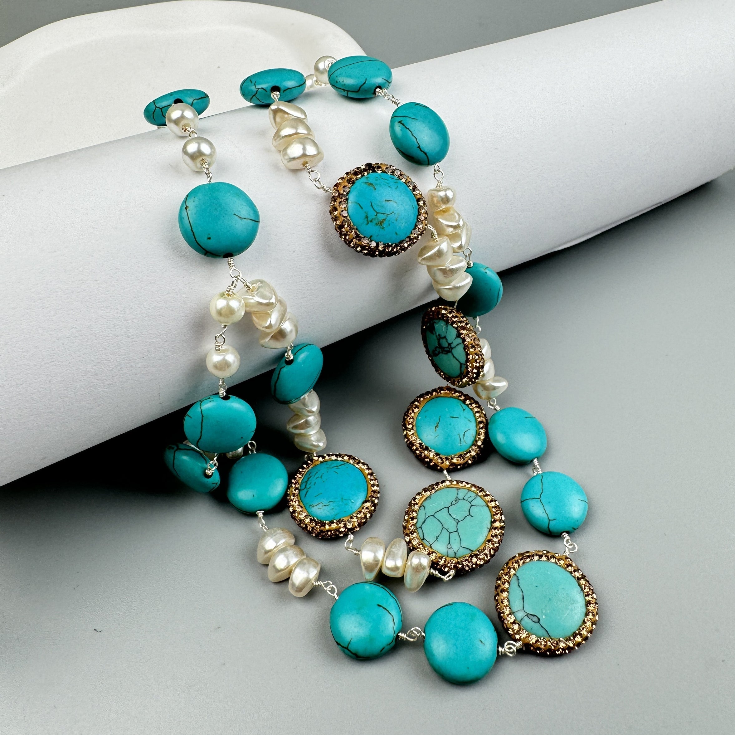 Handmade Turquoise Pearl Beaded Chain Layered Necklace N5390