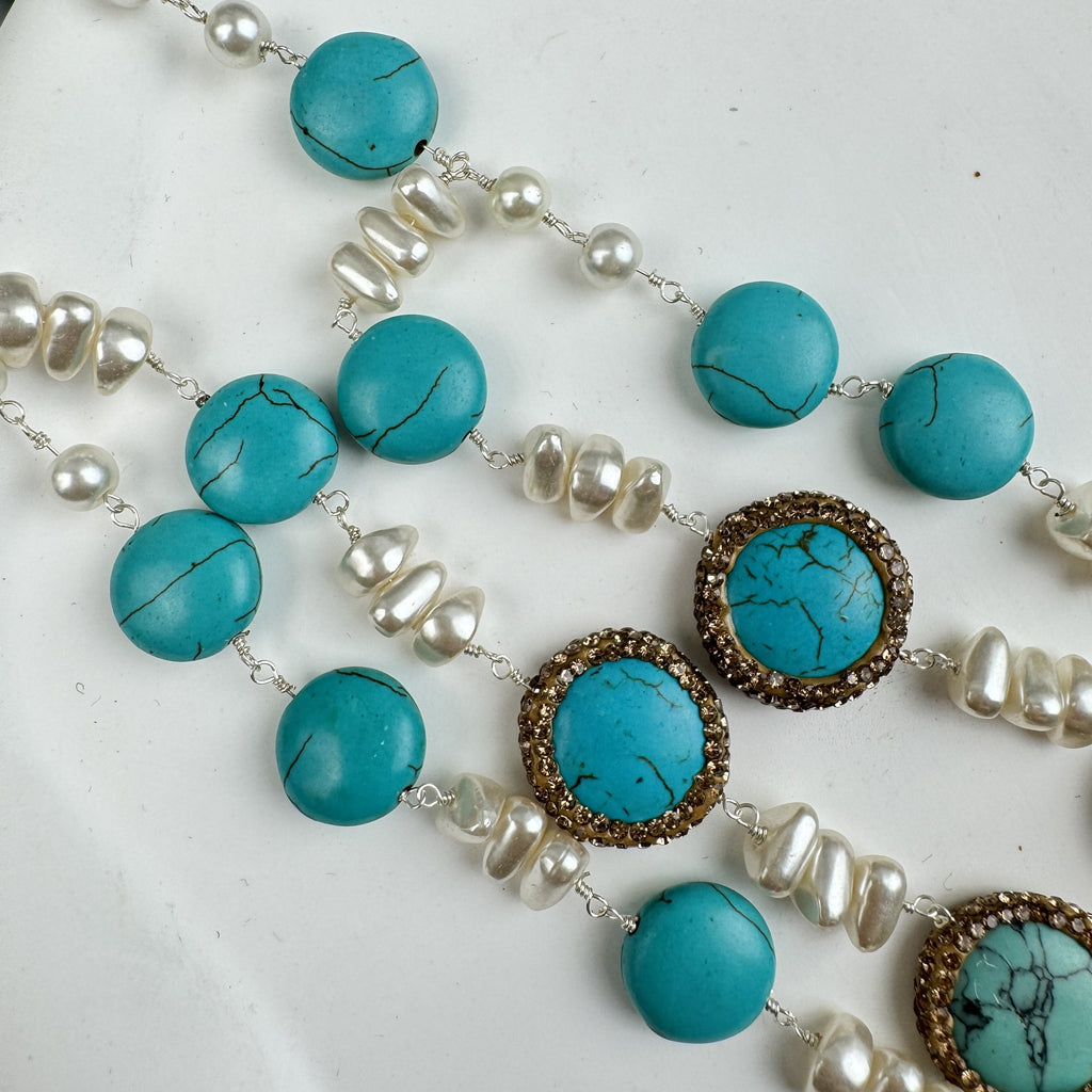 Handmade Turquoise Pearl Beaded Chain Layered Necklace N5390