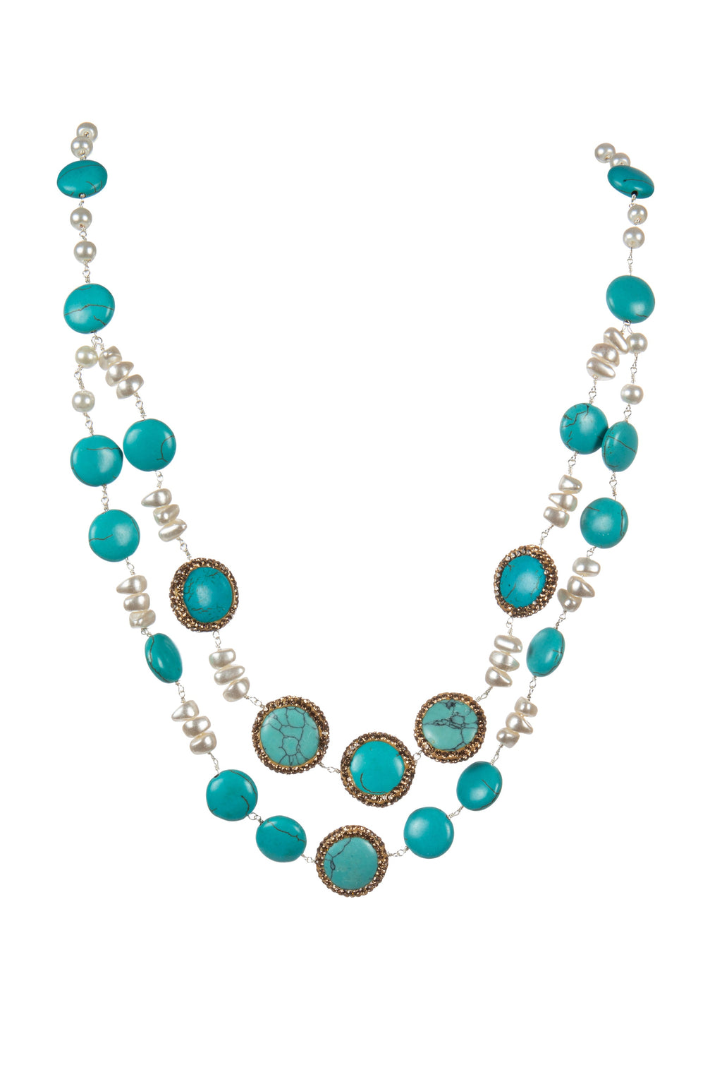 Handmade Turquoise Pearl Beaded Chain Layered Necklace N5390