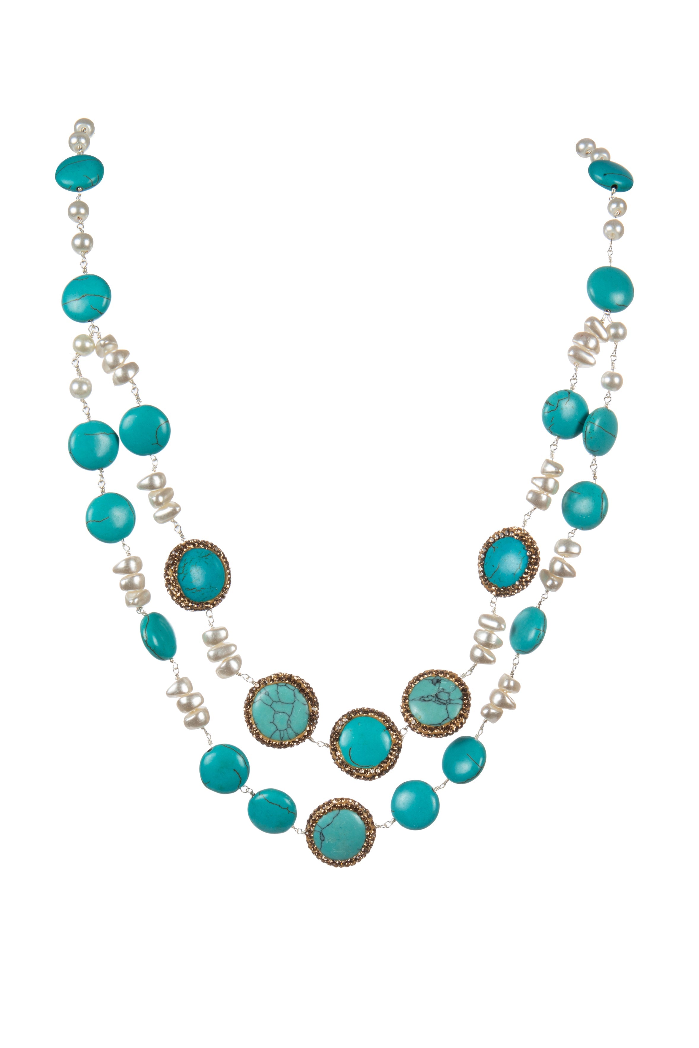 Handmade Turquoise Pearl Beaded Chain Layered Necklace N5390