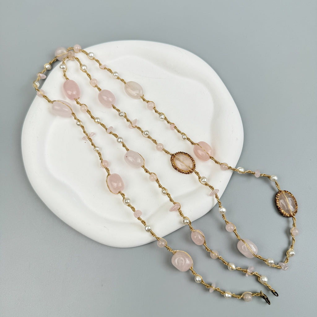 Handmade Braided Rose Quartz Stone Beaded Necklace N5428