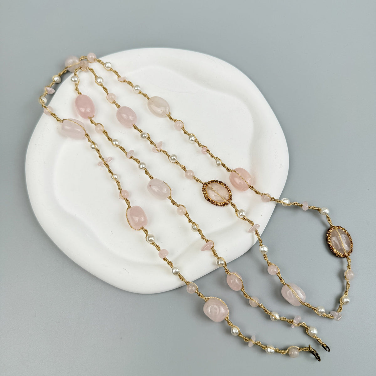 Handmade Braided Rose Quartz Stone Beaded Necklace N5428