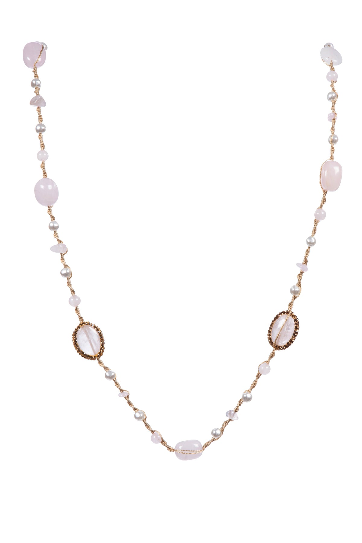 Handmade Braided Rose Quartz Stone Beaded Necklace N5428