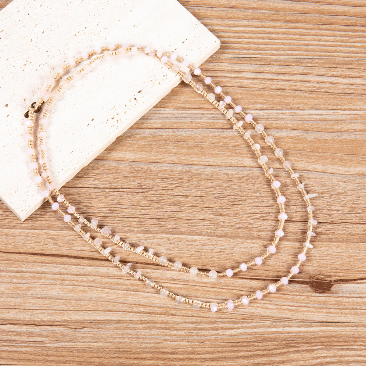 Handmade Braided Natural Stone Long Necklace N5455-Rose Quartz