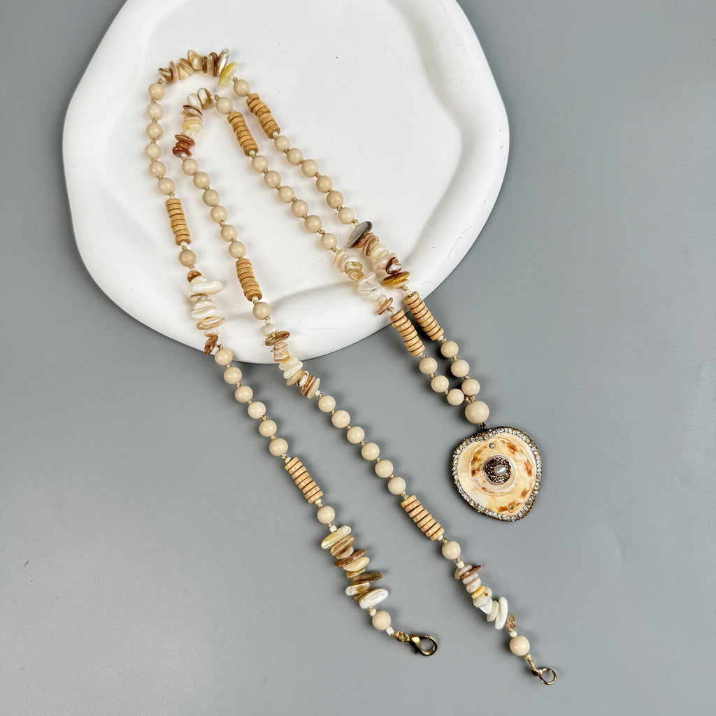 Heart Pendant Fossil Bead Long Necklace N5540
