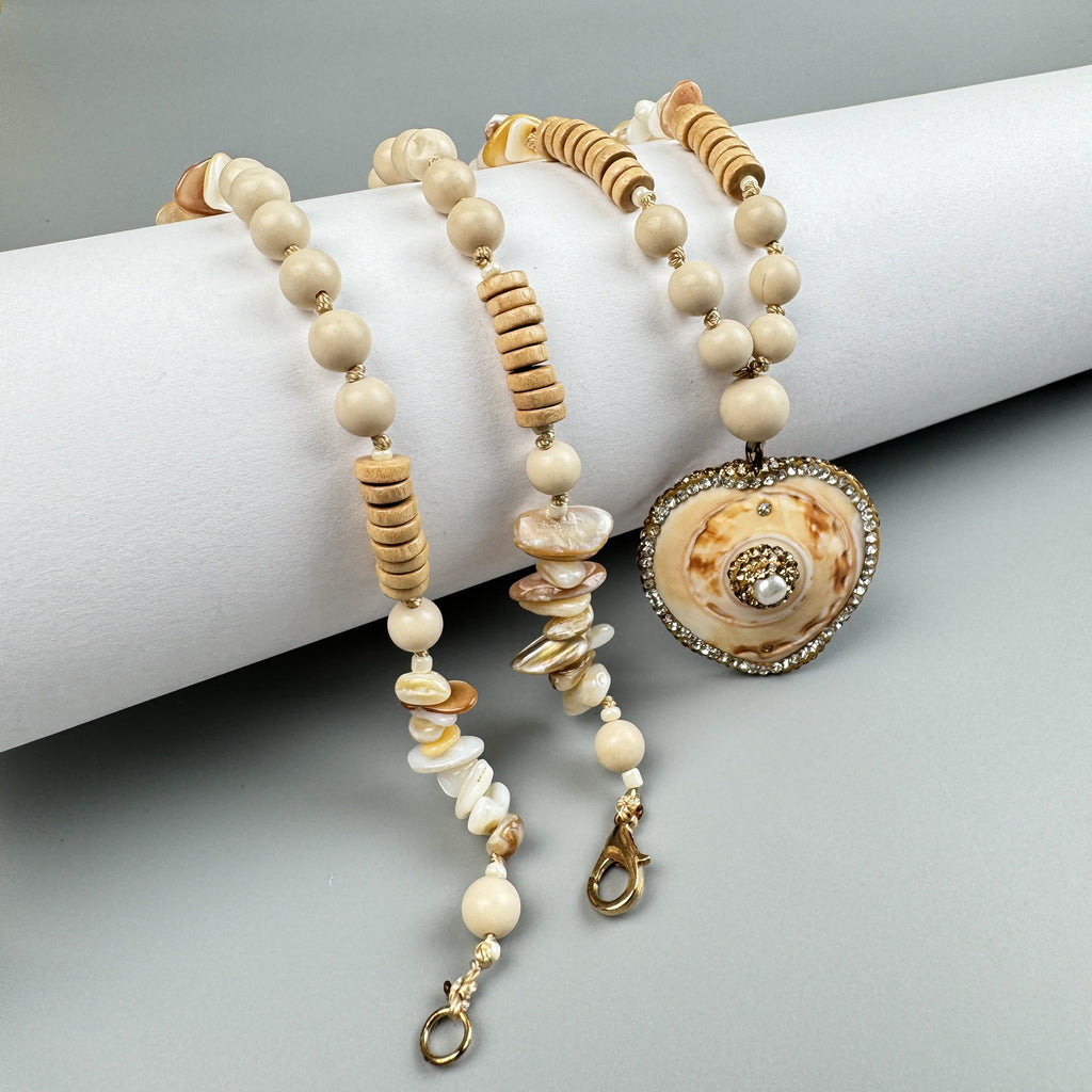 Heart Pendant Fossil Bead Long Necklace N5540