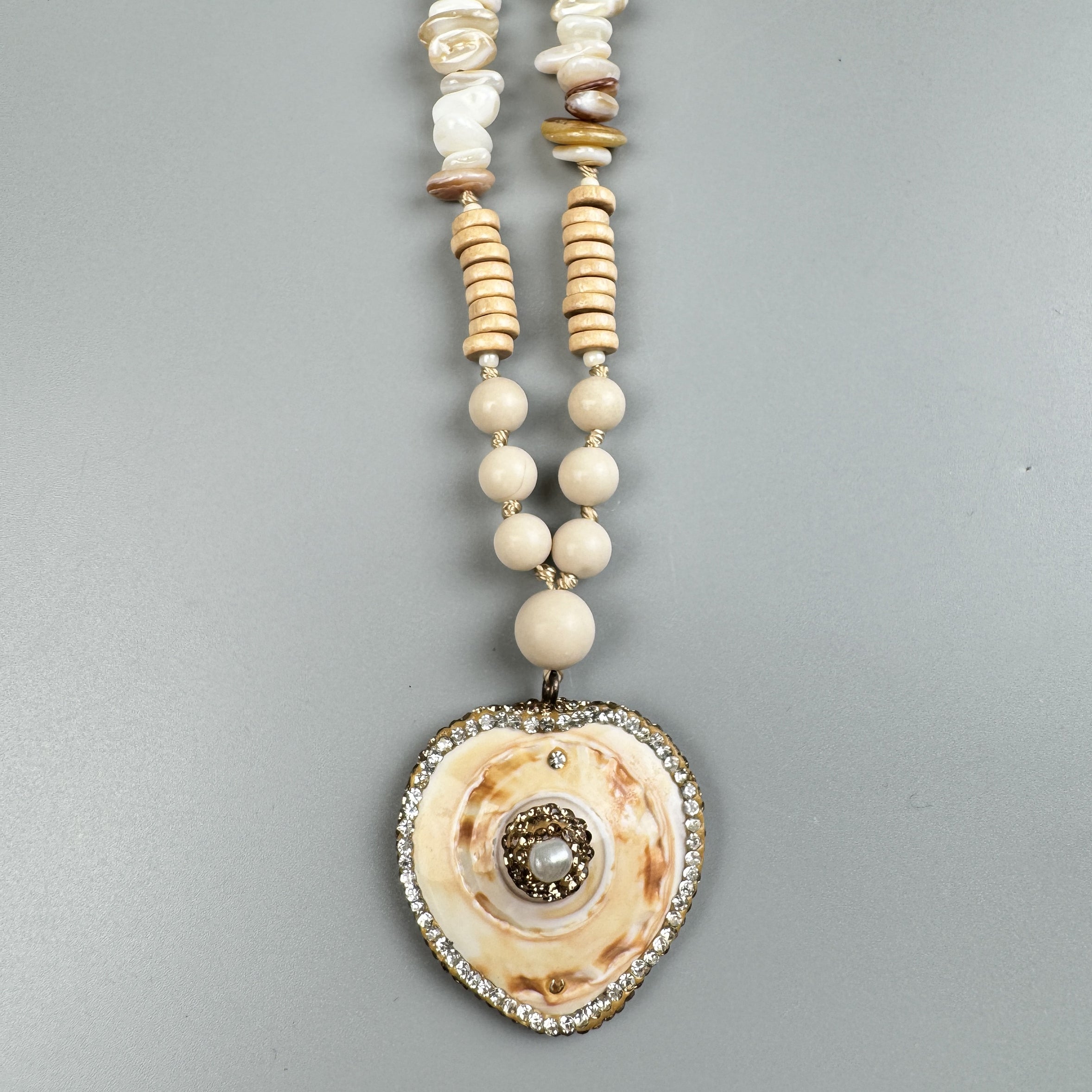 Heart Pendant Fossil Bead Long Necklace N5540