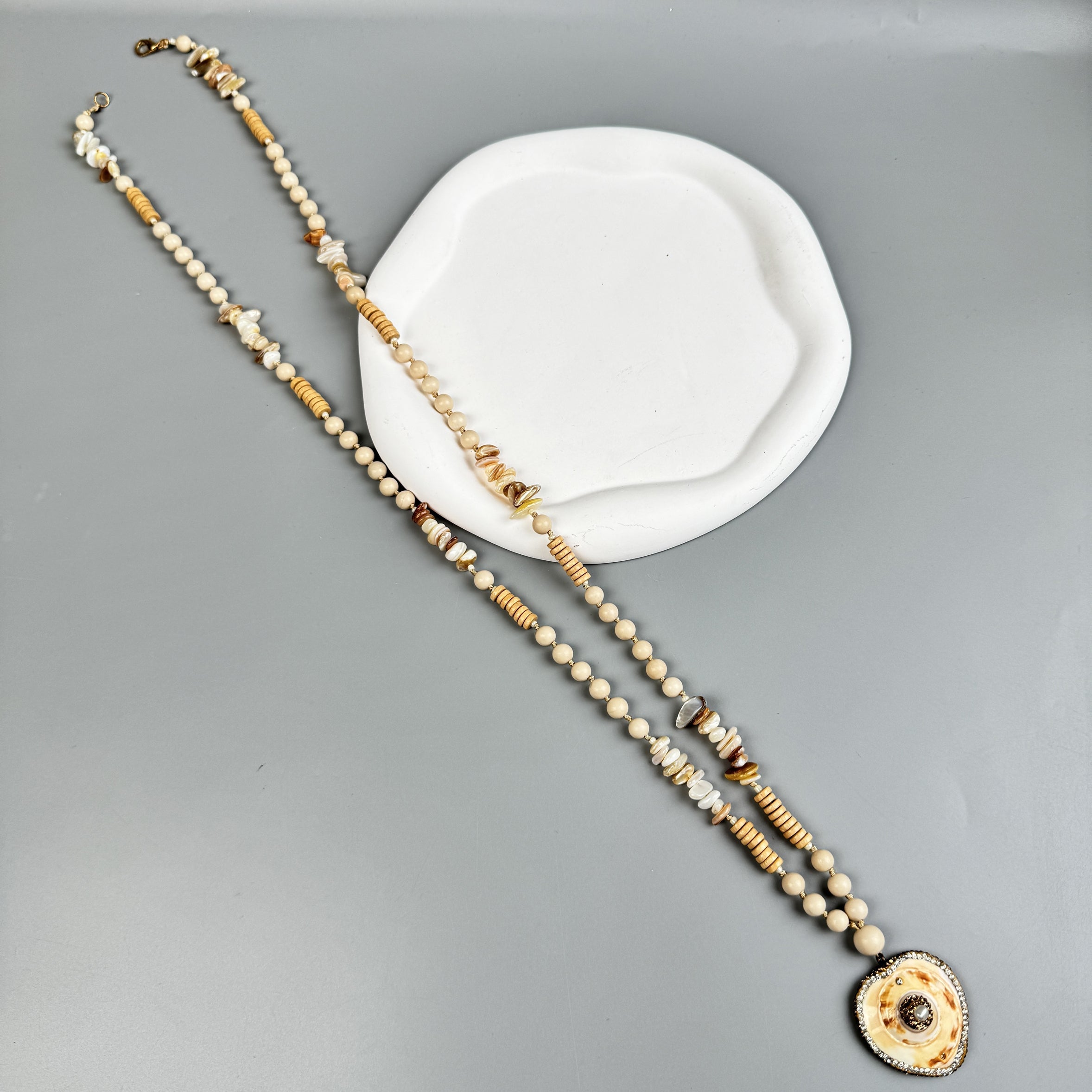 Heart Pendant Fossil Bead Long Necklace N5540