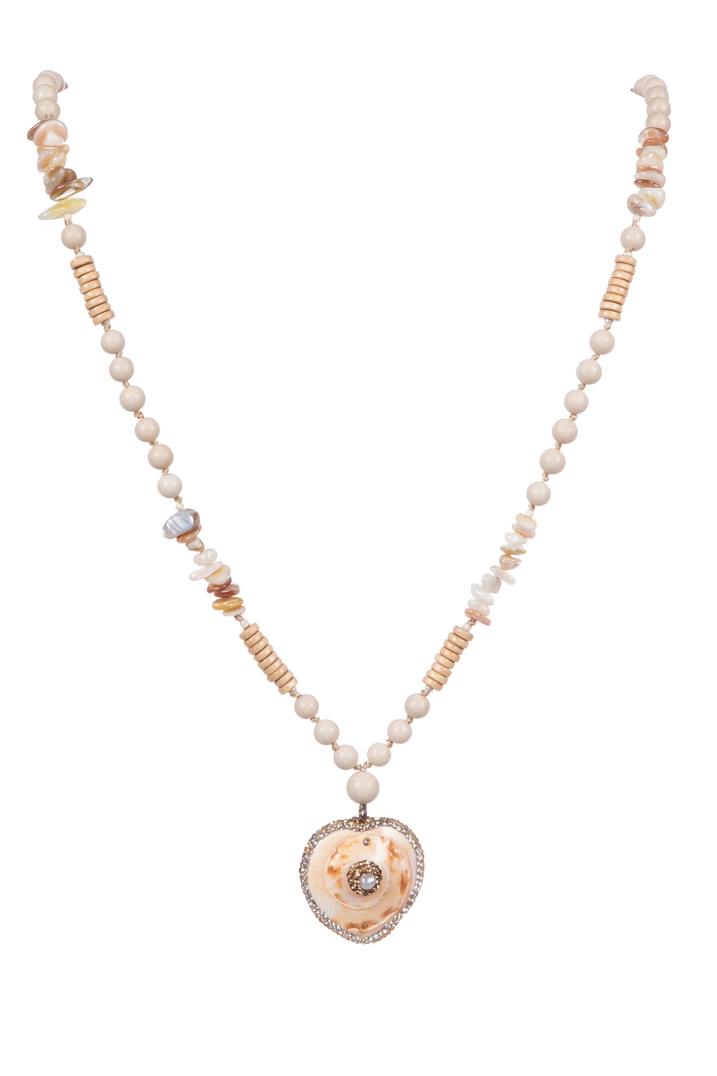 Heart Pendant Fossil Bead Long Necklace N5540