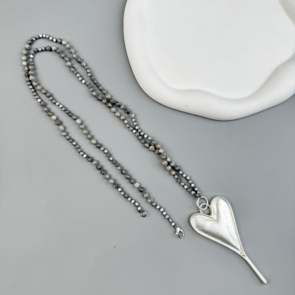 Heart Pendant Atlas Jasper Metal Necklace N5546