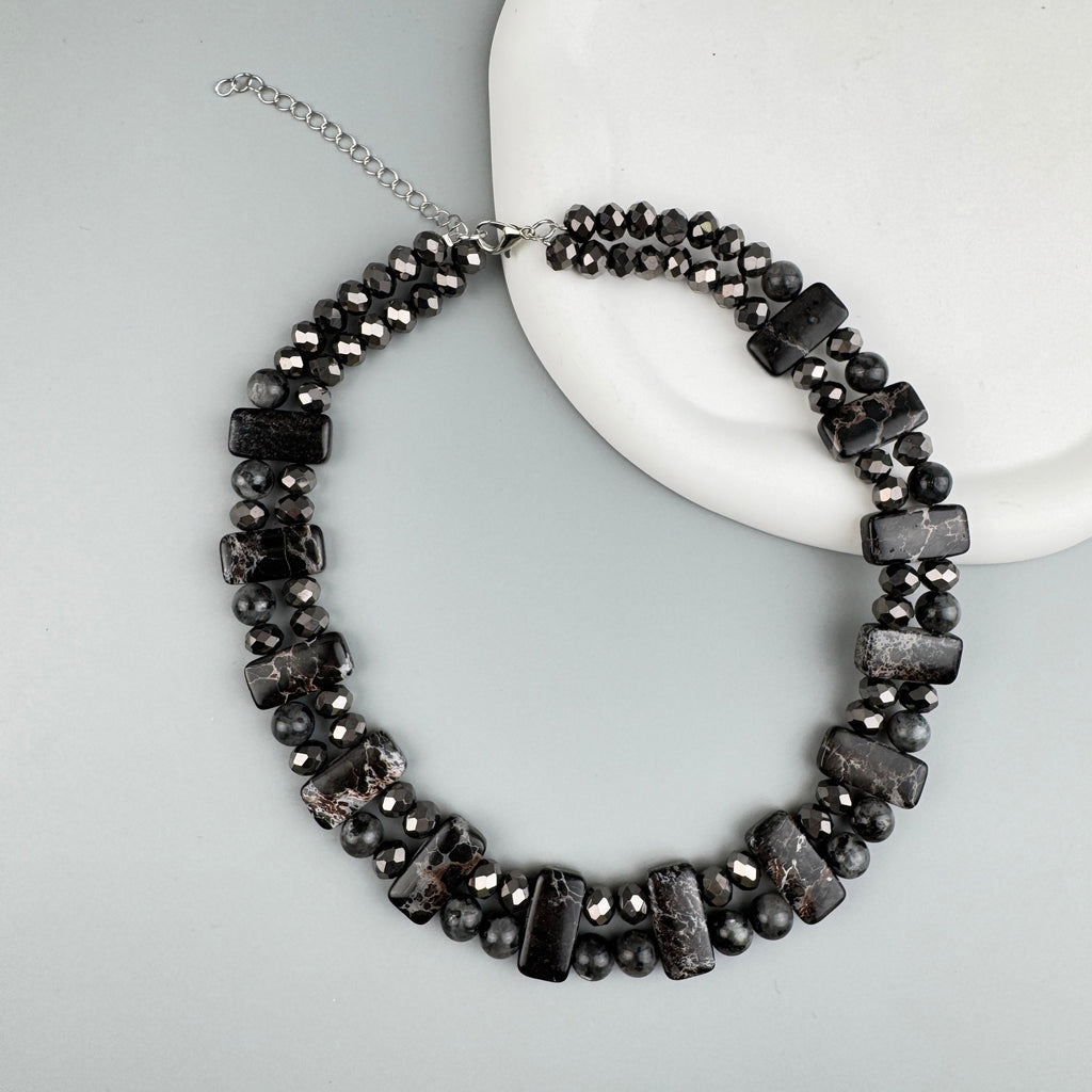 Handmade Black Emperor Jasper Beaded Choker Necklace N5579