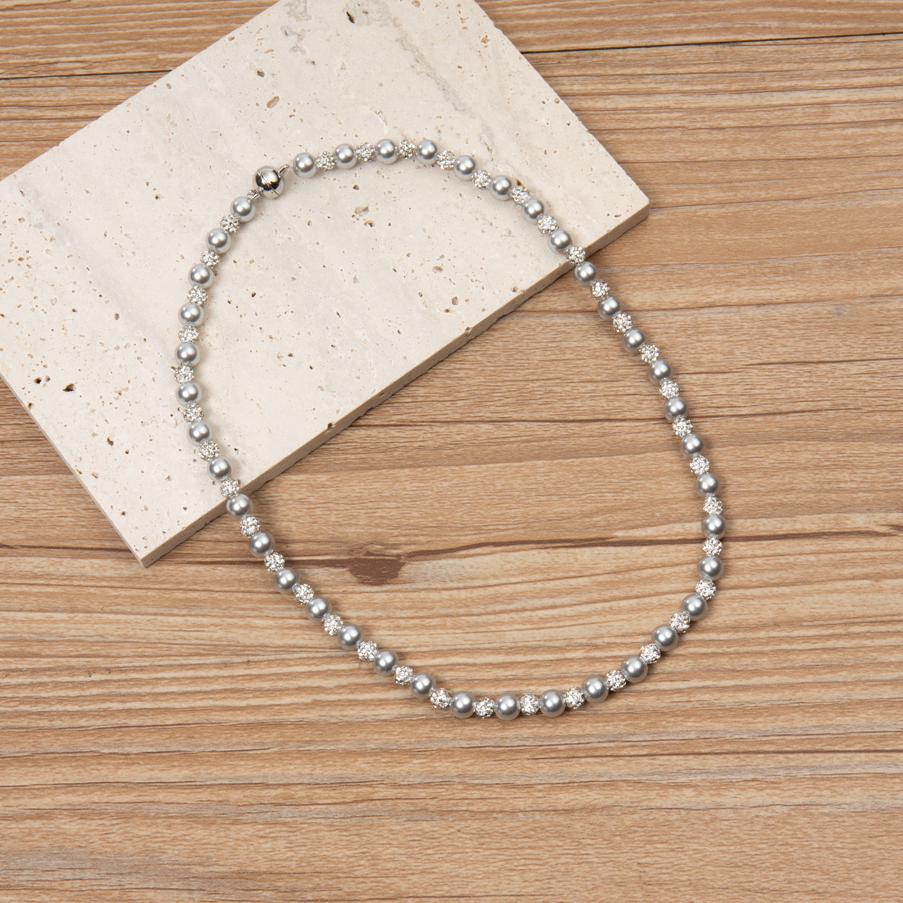 Glass Pearl and Rhinestone Necklace 6MM N5719