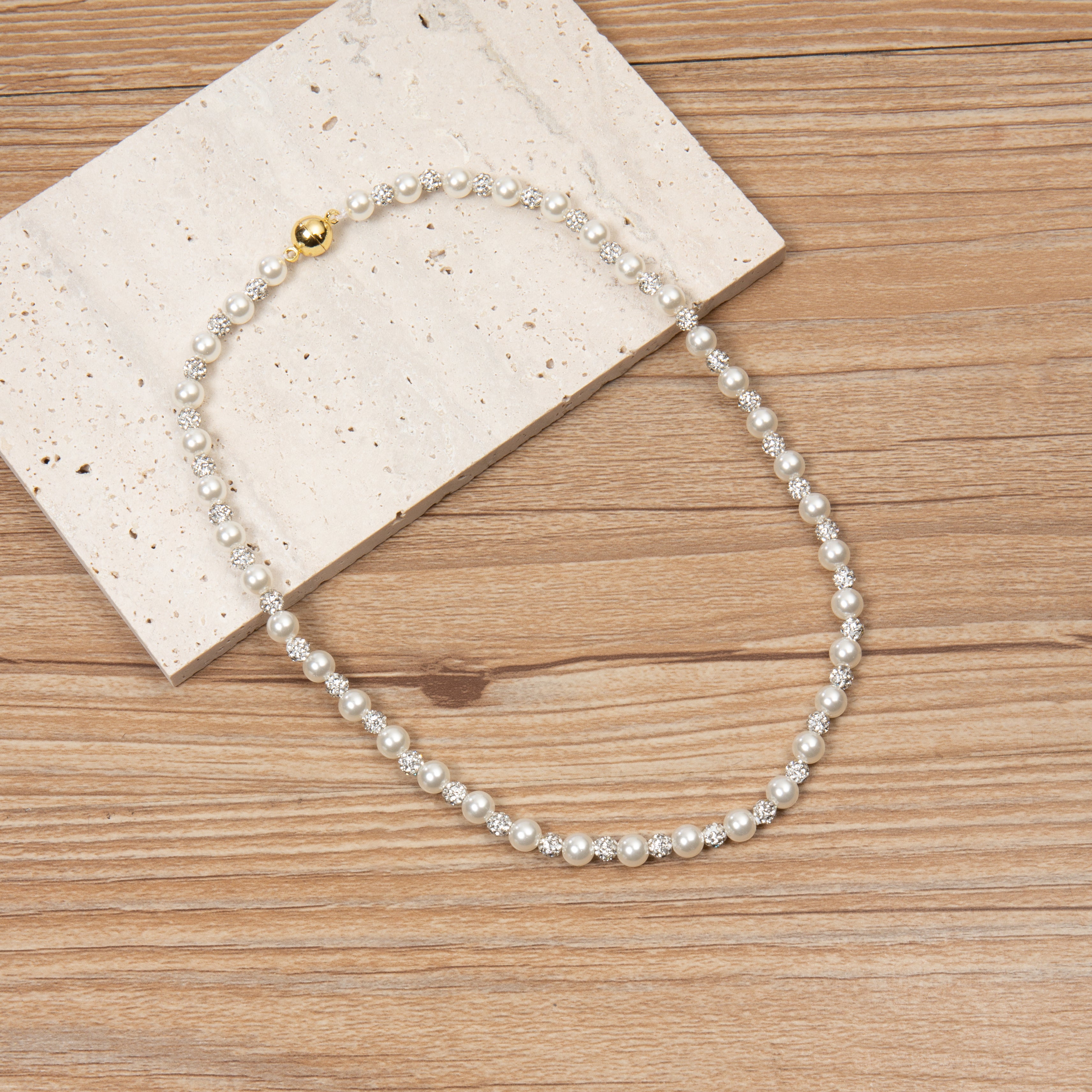 Glass Pearl and Rhinestone Necklace 6MM N5719