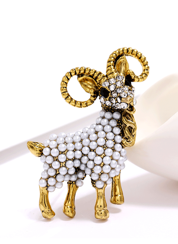 Goat  Alloy Rhinestone Pearl Brooch PA3558