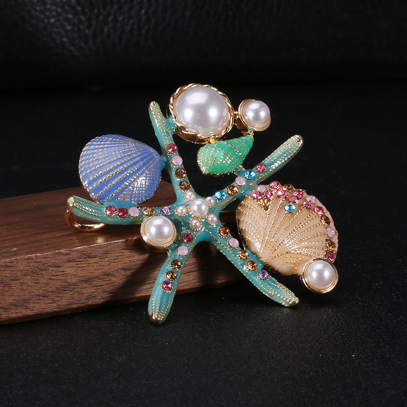 Alloy Rhinestone Starfish Shell Brooch PA3667