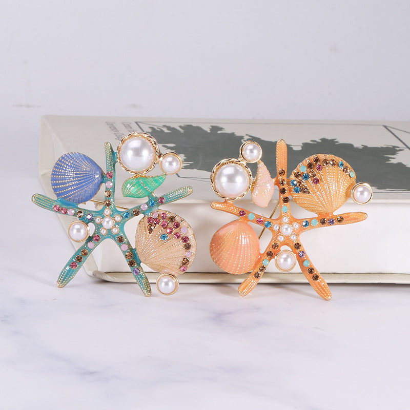 Alloy Rhinestone Starfish Shell Brooch PA3667