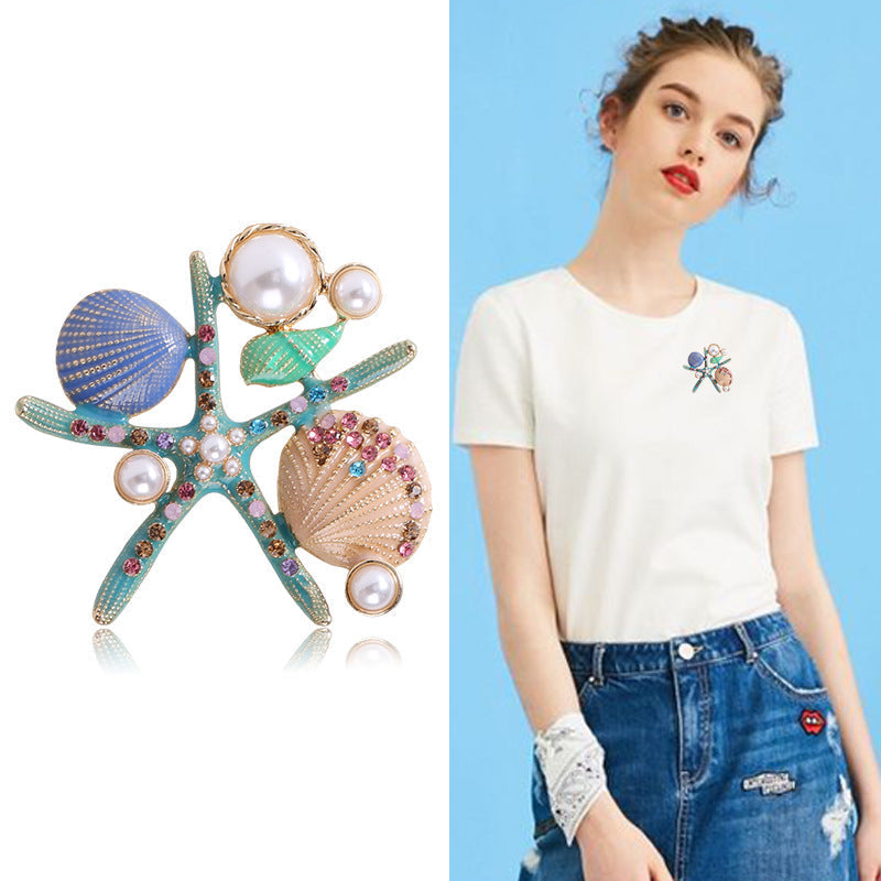 Alloy Rhinestone Starfish Shell Brooch PA3667